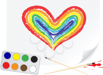Children drawing of a rainbow heart a brush paints on a paper