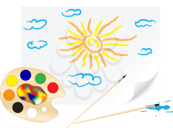Children's drawing a brush sun and clouds on a paper