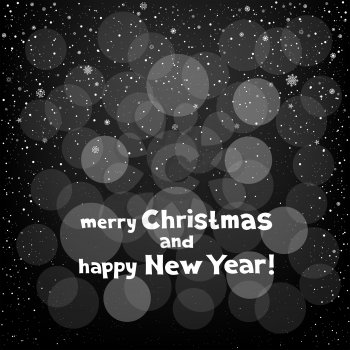 Winter black bokeh background with snow. Lettering merry Christmas and happy New Year