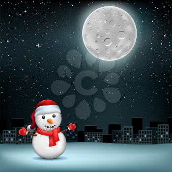The snowman in Santa hat on night city and stars with Moon background. Christmas holiday celebration