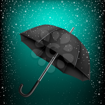 Black umbrella on azure snow background. Christmas and New Year theme