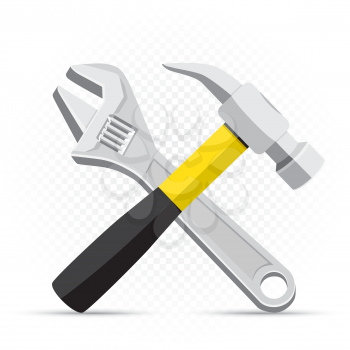Wrench and hammer repair icon on white transparent background. Work equipment sign. Industrial tool symbol