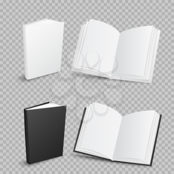 White and black empty template closed and opened books collection with shadow on transparent background. School education object