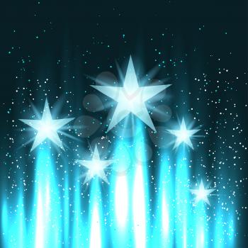 Stars rise up into the sky on blue light rays background. Abstract star with glow lights beam lift up in dark. Fantasy space galaxy shape design