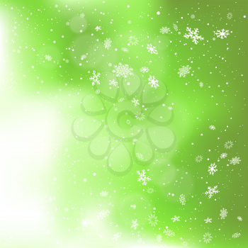 Snowfall on green snowy clouds backdrop. Winter holiday Christmas background. Big and small snowflakes falling from clouds