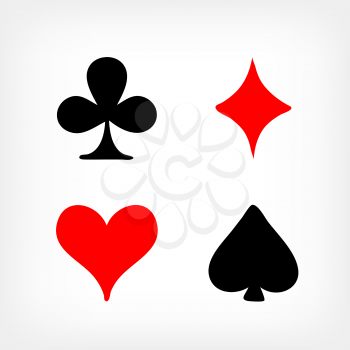 Playing card shapes symbols on white background. Black and red suit cards set. Gambling heart spade club diamond sign