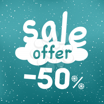 Winter sale offer text on white cartoon cloud with discount and snow falling. Seasonal discounts sticker