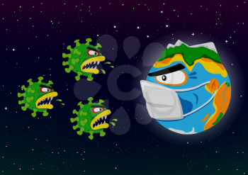 Coronavirus attacks Earth illustration. Covid-19 global world fight. Blue planet in mask and danger virus attack