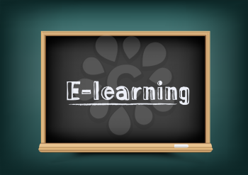 E-learning online school chalkboard with text message. Distance education blackboard on dark green background