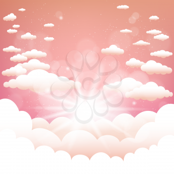 Warm summer cartoon sky with clouds and sun behind the cloud. Sunshine light template. Realistic sunny effect