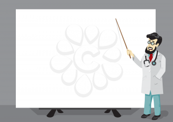 Bearded doctor with stethoscope, pointer and big empty poster template illustration. Medical education