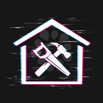 Home repair glitch effect icon saw and hammer on dark background. House service symbol on black backdrop