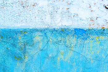 Old wall in peeling blue paint. Cracked exterior texture background