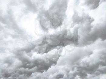 Thunderstorm light clouds blurred background. Storm cloudy bakdrop. Natural heaven texture. Rainy cloudscape atmosphere