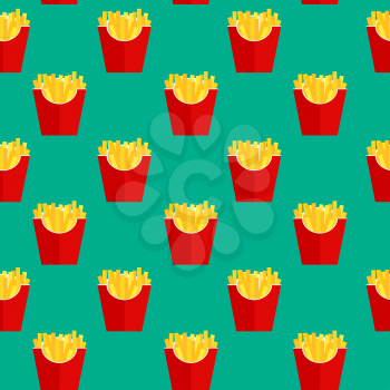 Fast Food Fried French Gold Fries Potatoes in Paper Wrapper Seamless Pattern Background. Vector illustration EPS10