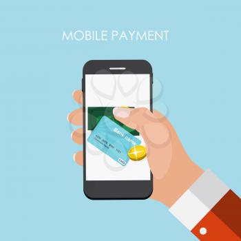 Hand with Abstract Phone and Mobile Payment Concept. Template in Modern Flat Style Vector Illustration EPS10
