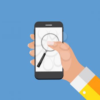 Hand with Abstract Phone and Search Icon. Template in Modern Flat Style Vector Illustration EPS10