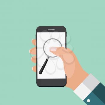 Hand with Abstract Phone and Search Icon. Template in Modern Flat Style Vector Illustration EPS10