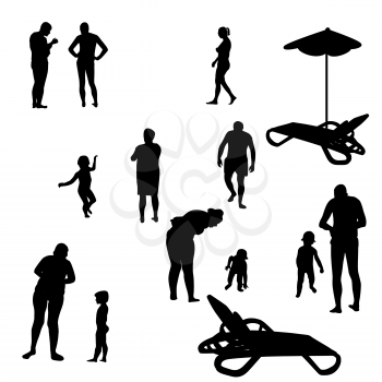 Set of Sunbathing and Playing People on Beach in Swimsuits. Vector Illustration. EPS10