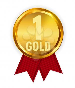 Champion Gold Medal with Red Ribbon. Icon Sign of First Place Isolated on White Background. Vector Illustration EPS10