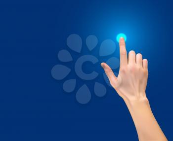 Realistic 3D Silhouette of  hand with inger pressing a button on Blue Background. Vector Illustration. EPS10