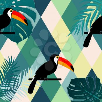 Tropic Toucan bird and palm leaf seamless pattern background design. Vector Illustration EPS10