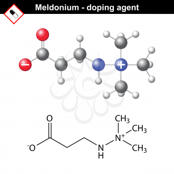 Chemical formula of meldonium molecule, cardioprotector substance, forbidden doping agent, 2d and 3d structures, vector, eps 8