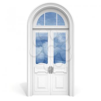 Classical architecture style interior object: white wooden door with reflected glass sections,  isolated on white
