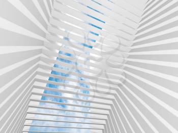 Abstract white 3d interior background with light beams and blue sky
