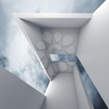 Abstract architecture, empty white futuristic interior and blue cloudy sky on a background, 3d illustration