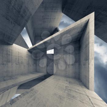 Abstract architecture, empty concrete interior with dark moody sky on a background, 3d illustration