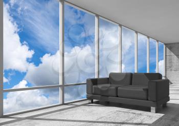Abstract interior, office room with concrete floor, window and black leather sofa, 3d illustration with blue cloudy sky on a background