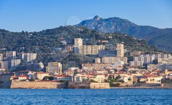 Ajaccio, coastal cityscape with ancient citadel, Corsica island, France
