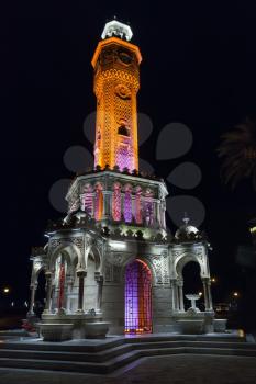 Night view of Konak Square. Clock tower with illumination, it was built in 1901 and accepted as the official symbol of Izmir City, Turkey