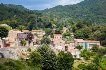 Vangone, small Corsican village landscape. Old living houses in mountains 