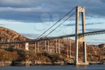 Automobile cable-stayed bridge. Rorvik town, Norway