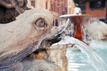 Italy, Rome, fragment of fountain with dolphin sculpture.Piazza Colonna, Via Del Corso