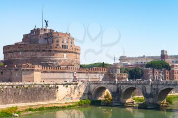 Cityscape of Rome with Saint Angelo Bridge in summer 