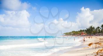 Coastal Caribbean landscape. Beach on Atlantic ocean coast, Hispaniola island, Dominican republic. Punta Cana