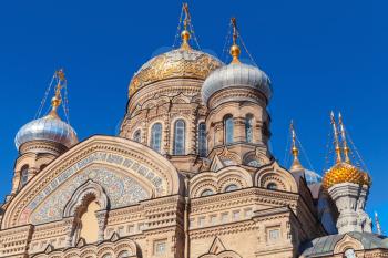 Golden domes of Assumption Church on Vasilevsky Island. Orthodox church in Saint-Petersburg, Russia