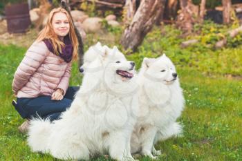 Happy Caucasian girl with white Samoyed dogs walk in park, outdoor portrait