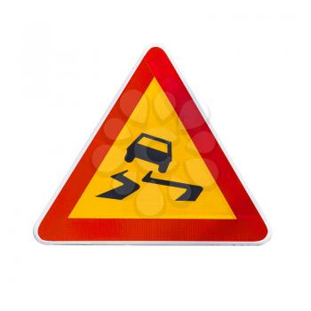 Slippery road, warning triangle road sign isolated on white background