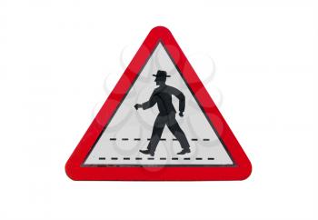 Triangle road sign with schematic walking man in hat isolated on white. Pedestrian zebra crossing ahead