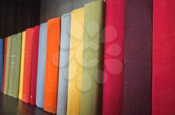 Books in colorful covers stand in a row on wooden shelf