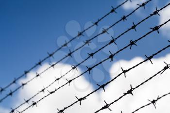 Black barbed wires over cloudy blue sky background, close up photo with selective focus