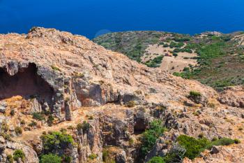 Corse-du-Sud nature. South region of Corsica island, France. Landscape of Piana district with grotto in rocky mountains