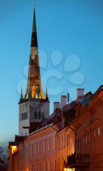 Church St Olaf at night in old Town of Tallinn, Estonia