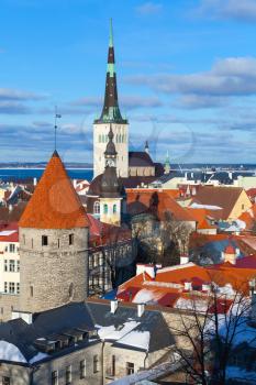 Old town of Tallinn. Houses with red roofs and church St. Olaf