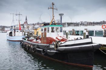 Pleasure boats moored in marina of Flensburg, Germany