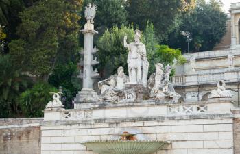 Ancient sculpture Fontana del Nettuno. Fountain on the Piazza del Popolo square, old city center of Rome, Italy